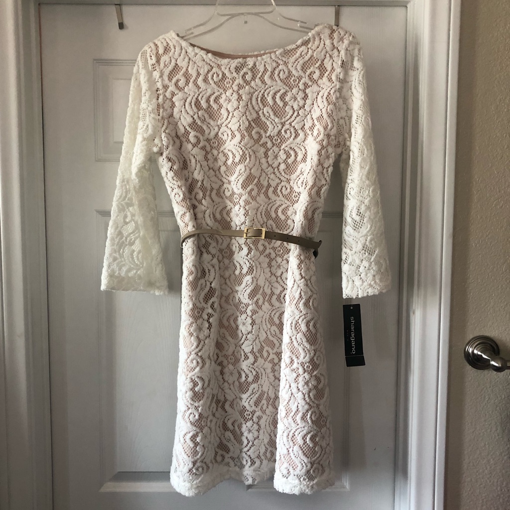 Size 4 Sharagano Cream Lace Dress W/Bell Sleeves
